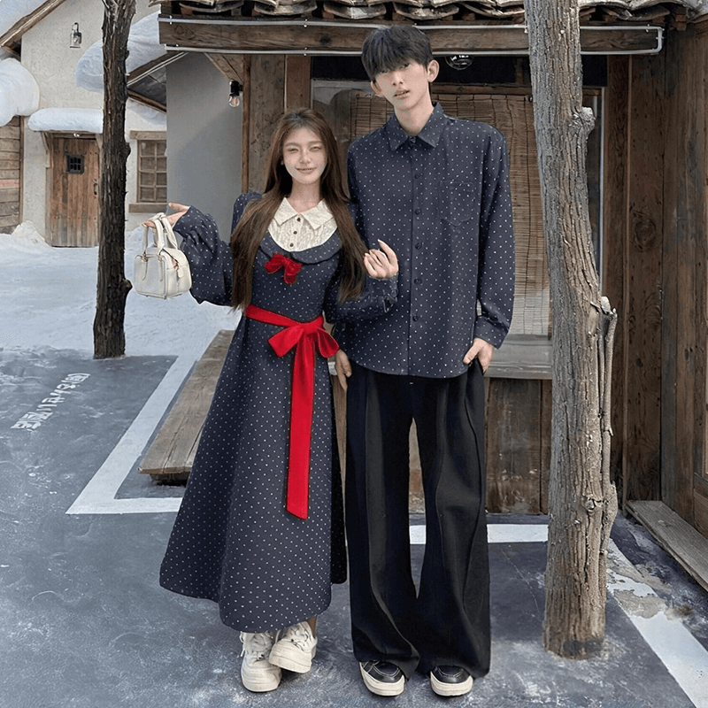 2026 새로운 긍정적 인 어깨 프랑스식 페이크 레이어드 프린트 슬림해 보이는 드레스 남자 셔츠 커플룩