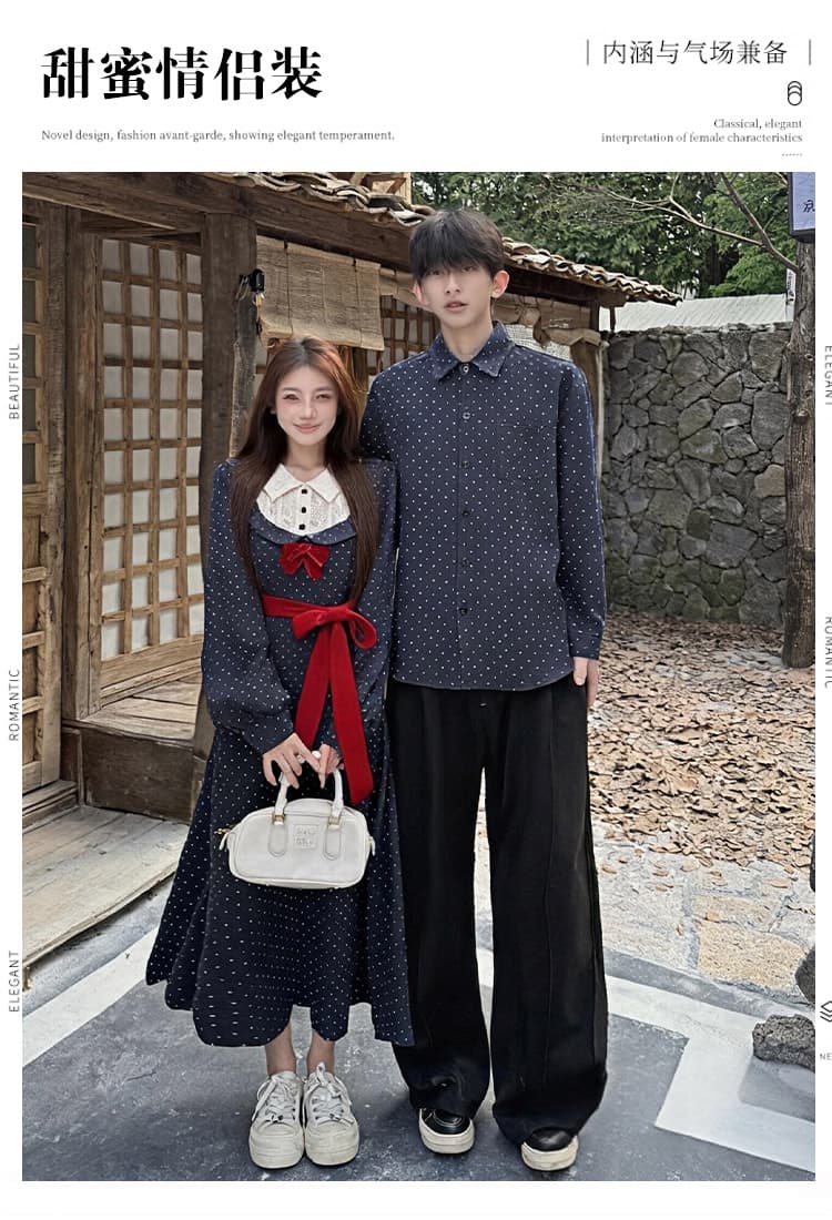 2026 새로운 긍정적 인 어깨 프랑스식 페이크 레이어드 프린트 슬림해 보이는 드레스 남자 셔츠 커플룩 상세 이미지 1