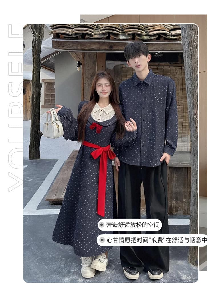 2026 새로운 긍정적 인 어깨 프랑스식 페이크 레이어드 프린트 슬림해 보이는 드레스 남자 셔츠 커플룩 상세 이미지 3