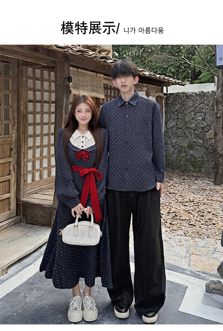 2026 새로운 긍정적 인 어깨 프랑스식 페이크 레이어드 프린트 슬림해 보이는 드레스 남자 셔츠 커플룩 상세 이미지 8
