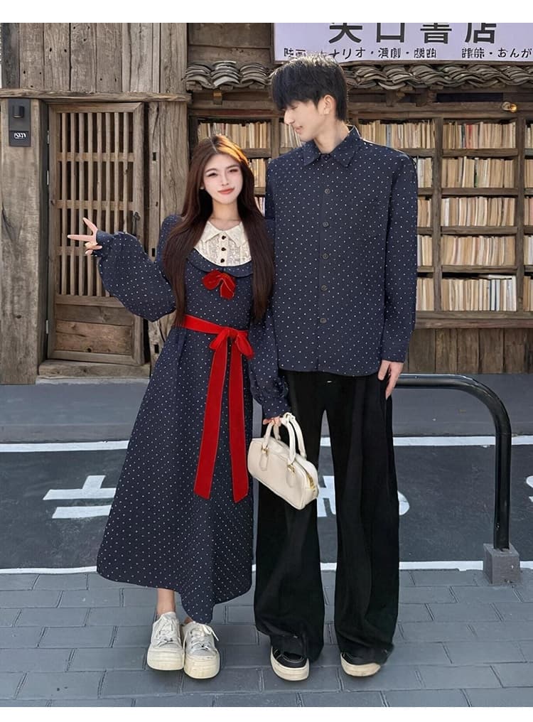 2026 새로운 긍정적 인 어깨 프랑스식 페이크 레이어드 프린트 슬림해 보이는 드레스 남자 셔츠 커플룩 상세 이미지 10