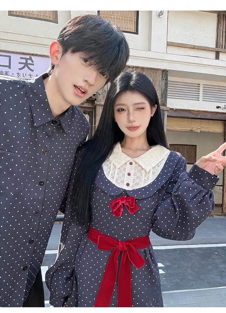 2026 새로운 긍정적 인 어깨 프랑스식 페이크 레이어드 프린트 슬림해 보이는 드레스 남자 셔츠 커플룩 상세 이미지 12