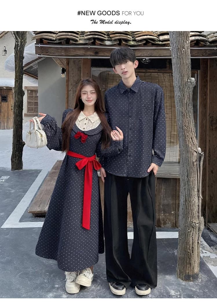 2026 새로운 긍정적 인 어깨 프랑스식 페이크 레이어드 프린트 슬림해 보이는 드레스 남자 셔츠 커플룩 상세 이미지 13