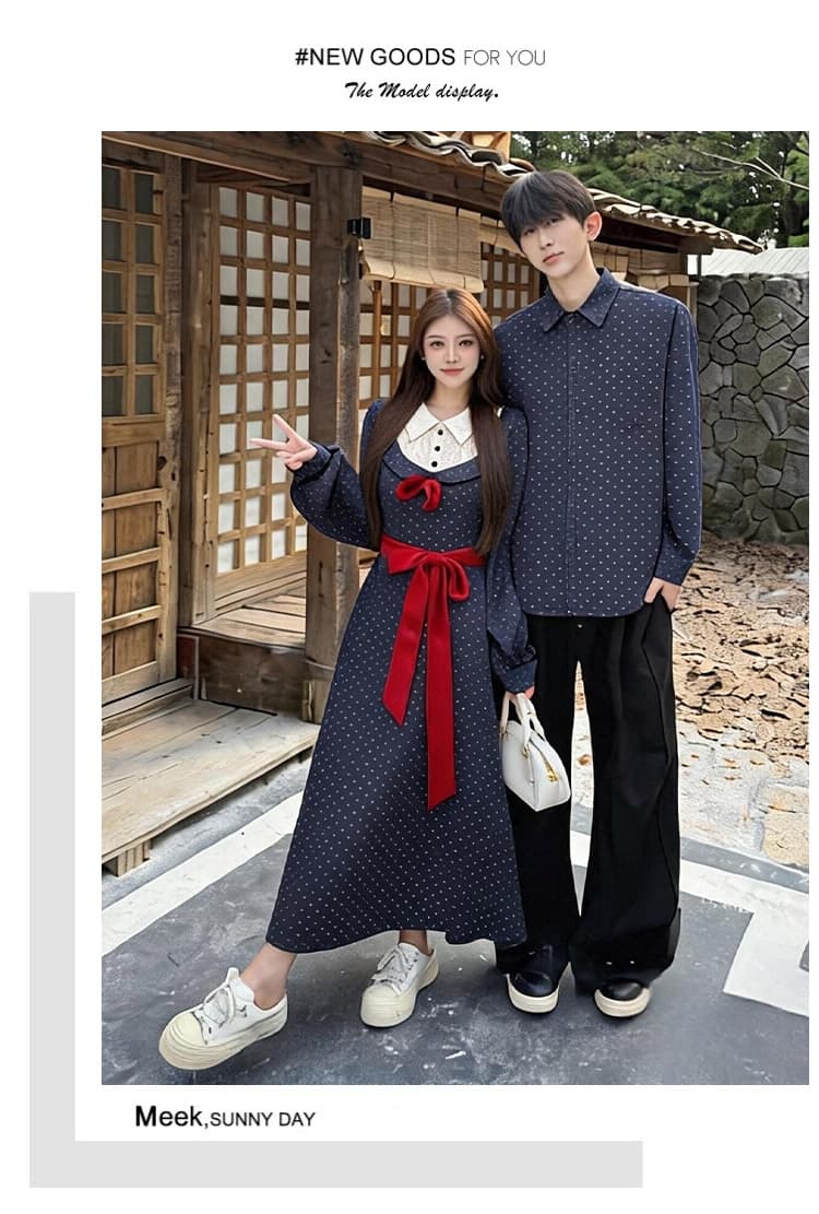 2026 새로운 긍정적 인 어깨 프랑스식 페이크 레이어드 프린트 슬림해 보이는 드레스 남자 셔츠 커플룩 상세 이미지 14