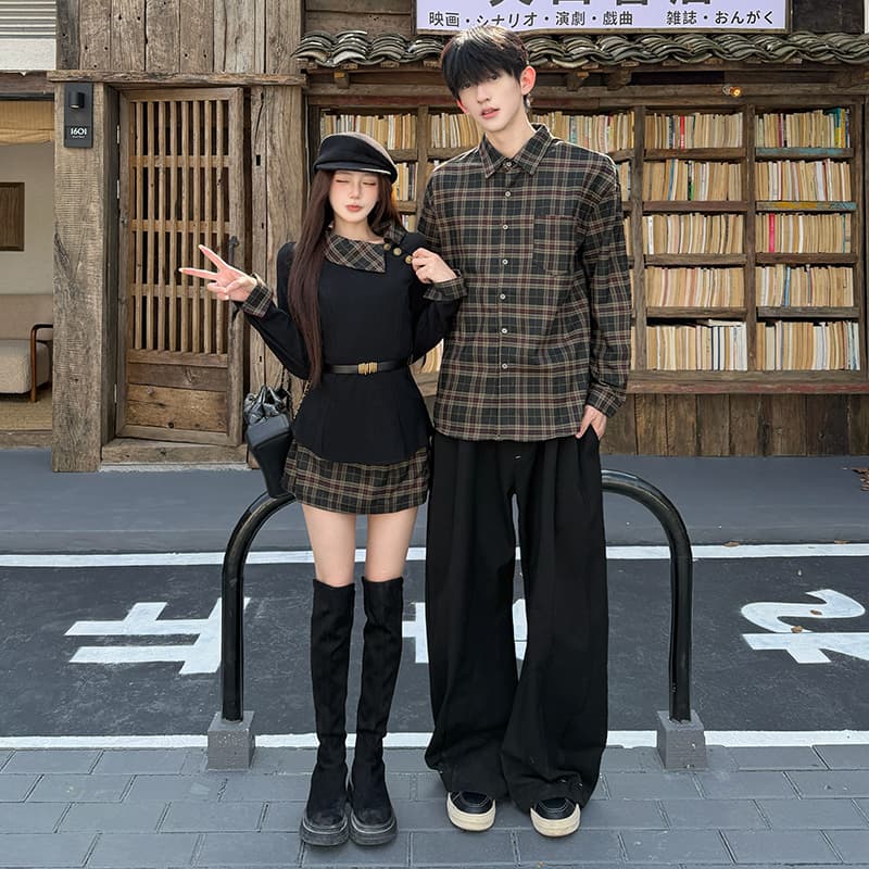 2026 가을 새로운 프랑스식 품격 긴팔 하이웨이스트 슬림해 보이는 체크무늬 패치워크 미니 스커트 세트 커플룩 이미지 2