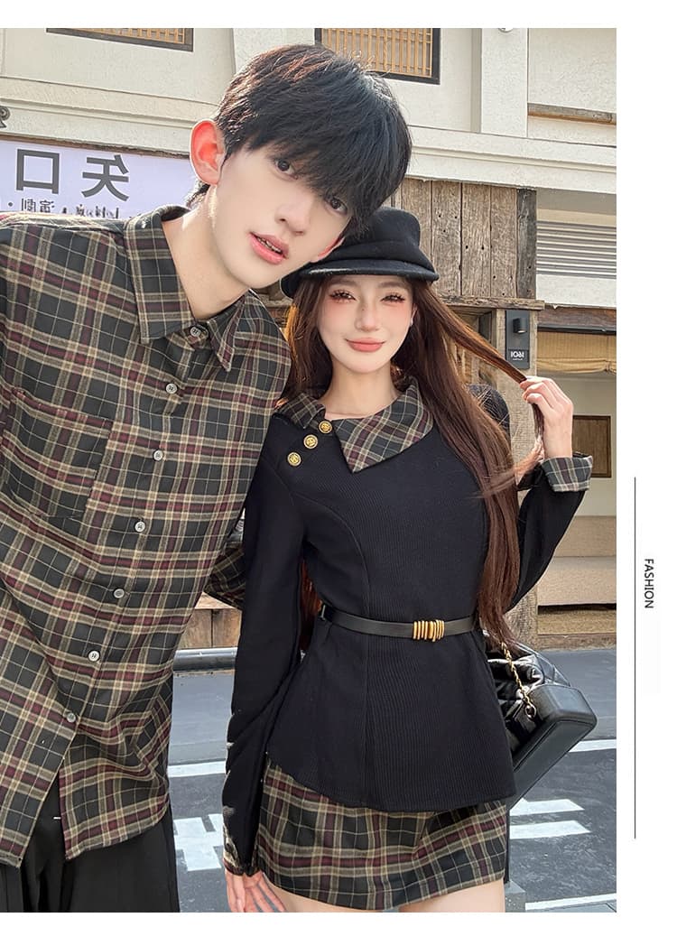 2026 가을 새로운 프랑스식 품격 긴팔 하이웨이스트 슬림해 보이는 체크무늬 패치워크 미니 스커트 세트 커플룩 상세 이미지 7