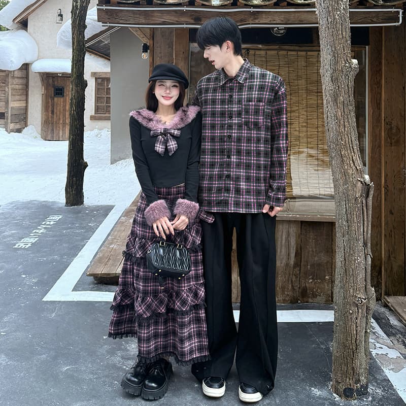 가을 새로운 다크 바람 보트넥 맨위 여성 겨울 체크무늬 불규칙 반신 롱 스커트 남자 셔츠 커플룩 이미지 3