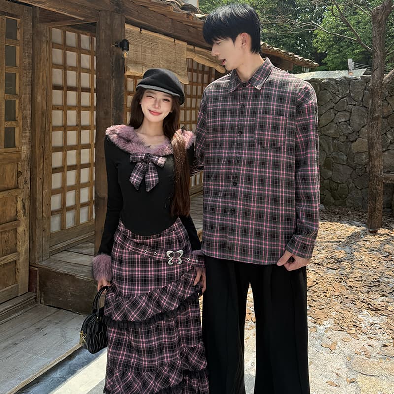 가을 새로운 다크 바람 보트넥 맨위 여성 겨울 체크무늬 불규칙 반신 롱 스커트 남자 셔츠 커플룩