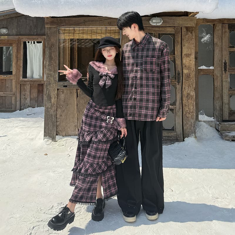 가을 새로운 다크 바람 보트넥 맨위 여성 겨울 체크무늬 불규칙 반신 롱 스커트 남자 셔츠 커플룩 이미지 5