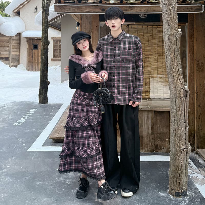 가을 새로운 다크 바람 보트넥 맨위 여성 겨울 체크무늬 불규칙 반신 롱 스커트 남자 셔츠 커플룩 이미지 4