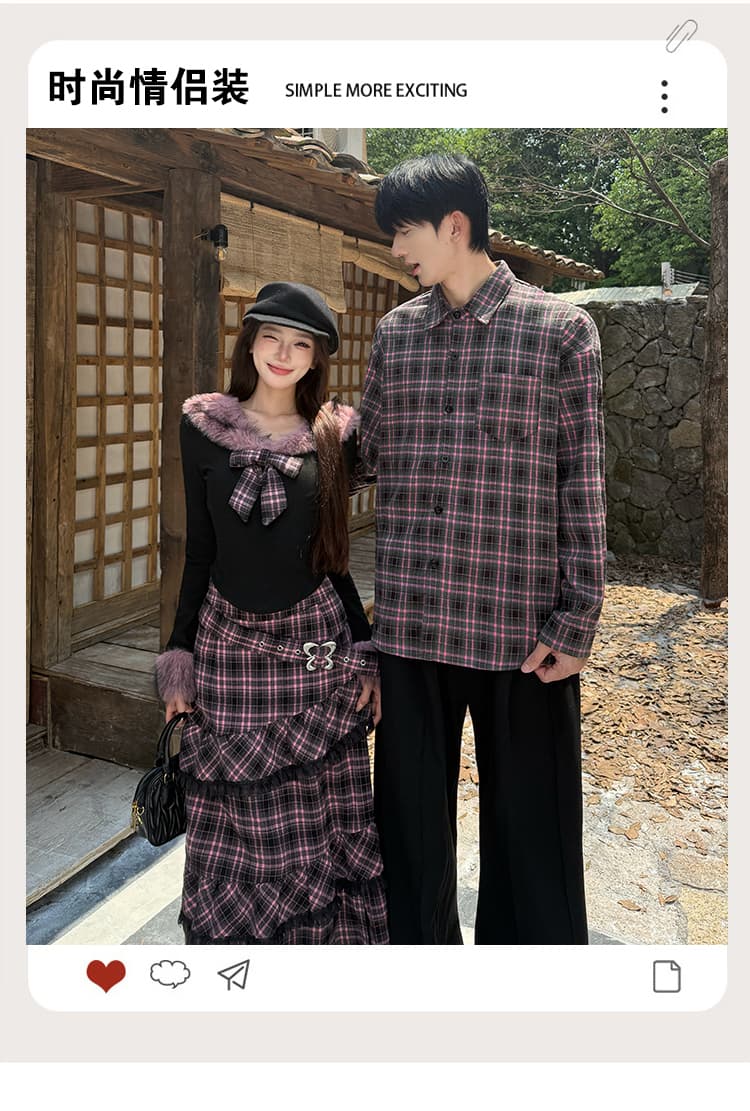 가을 새로운 다크 바람 보트넥 맨위 여성 겨울 체크무늬 불규칙 반신 롱 스커트 남자 셔츠 커플룩 상세 이미지 1