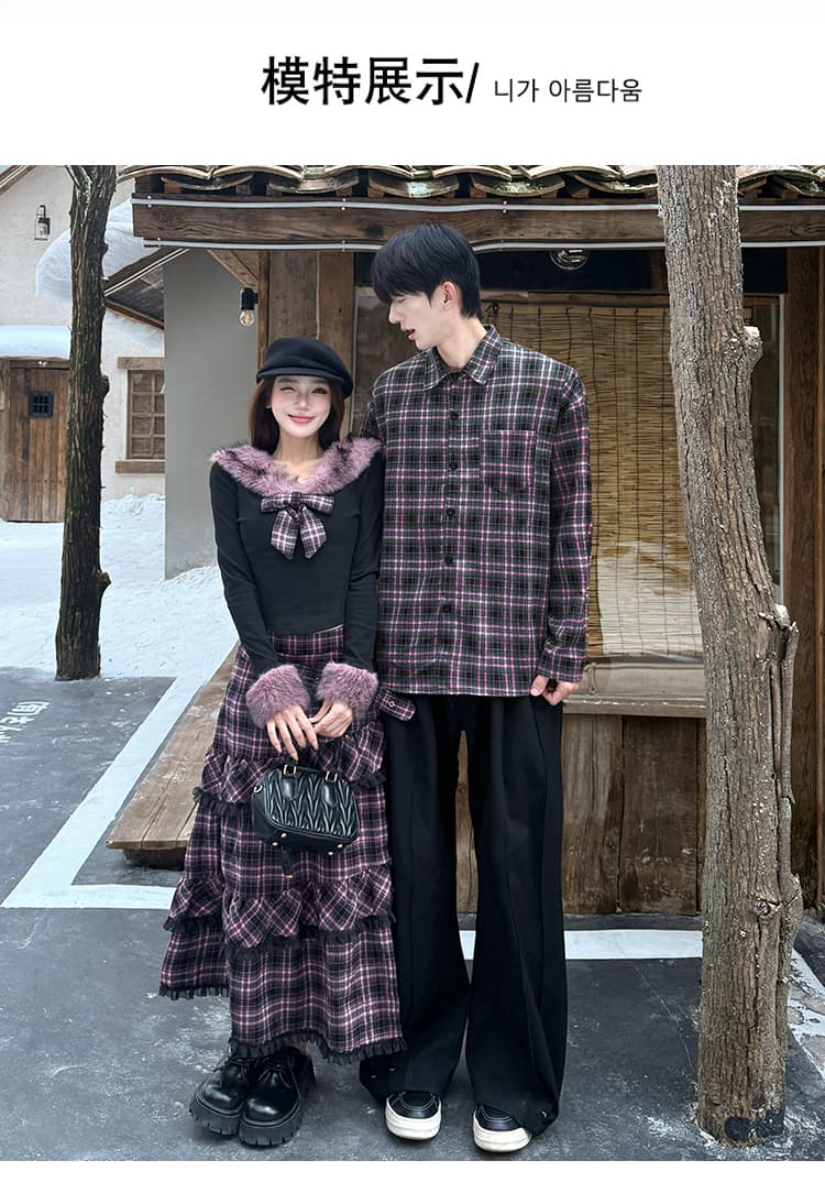 가을 새로운 다크 바람 보트넥 맨위 여성 겨울 체크무늬 불규칙 반신 롱 스커트 남자 셔츠 커플룩 상세 이미지 5
