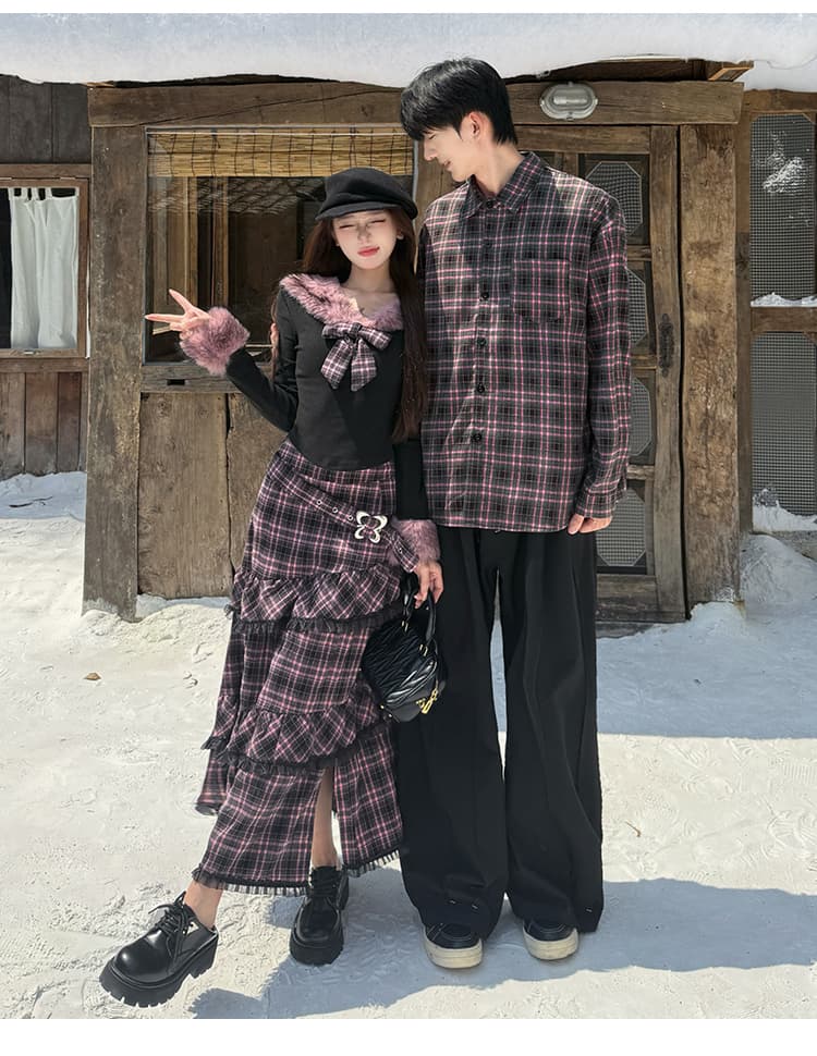 가을 새로운 다크 바람 보트넥 맨위 여성 겨울 체크무늬 불규칙 반신 롱 스커트 남자 셔츠 커플룩 상세 이미지 6
