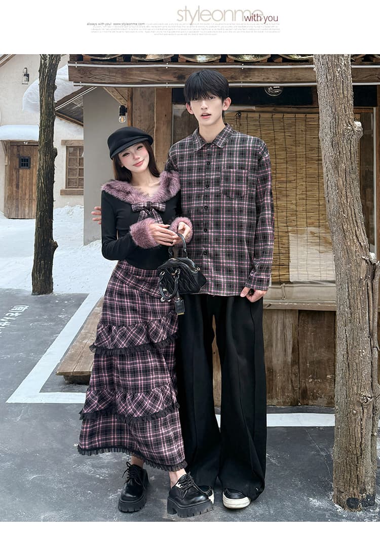가을 새로운 다크 바람 보트넥 맨위 여성 겨울 체크무늬 불규칙 반신 롱 스커트 남자 셔츠 커플룩 상세 이미지 8
