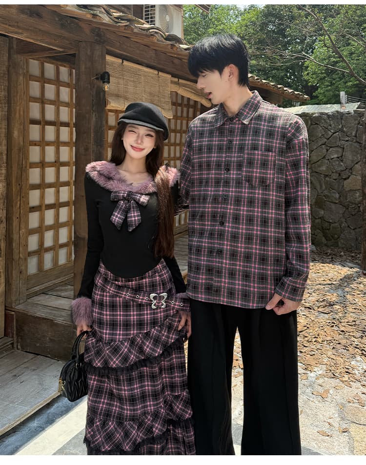 가을 새로운 다크 바람 보트넥 맨위 여성 겨울 체크무늬 불규칙 반신 롱 스커트 남자 셔츠 커플룩 상세 이미지 9