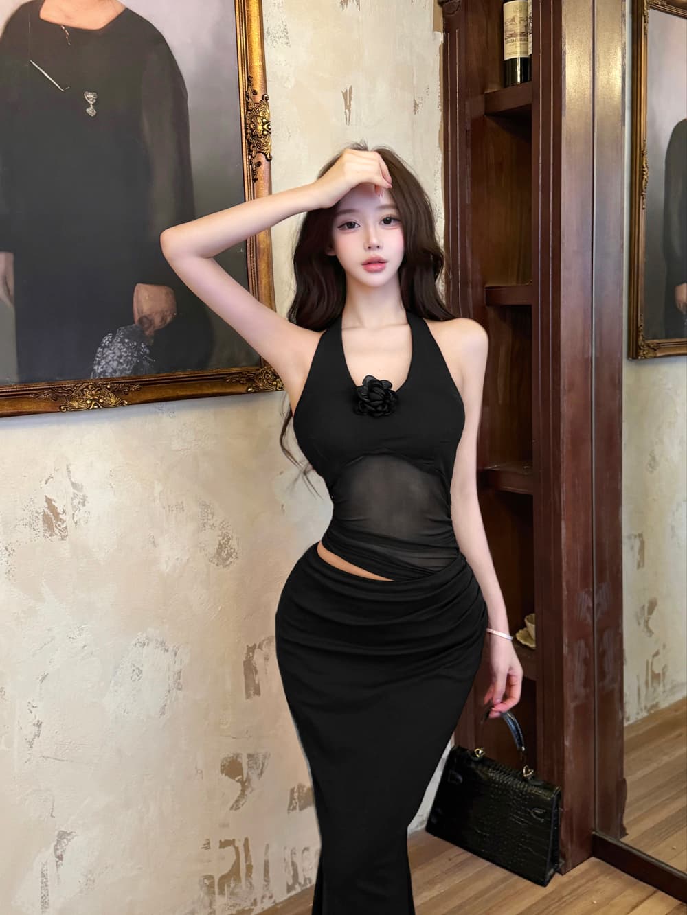 실사 프랑스식 숲속 소녀 품격 섹시함 바람 망사 패치워크 이슬 허리 디스플레이 허리 꽃 드레스 타이트 스커트 이미지 2