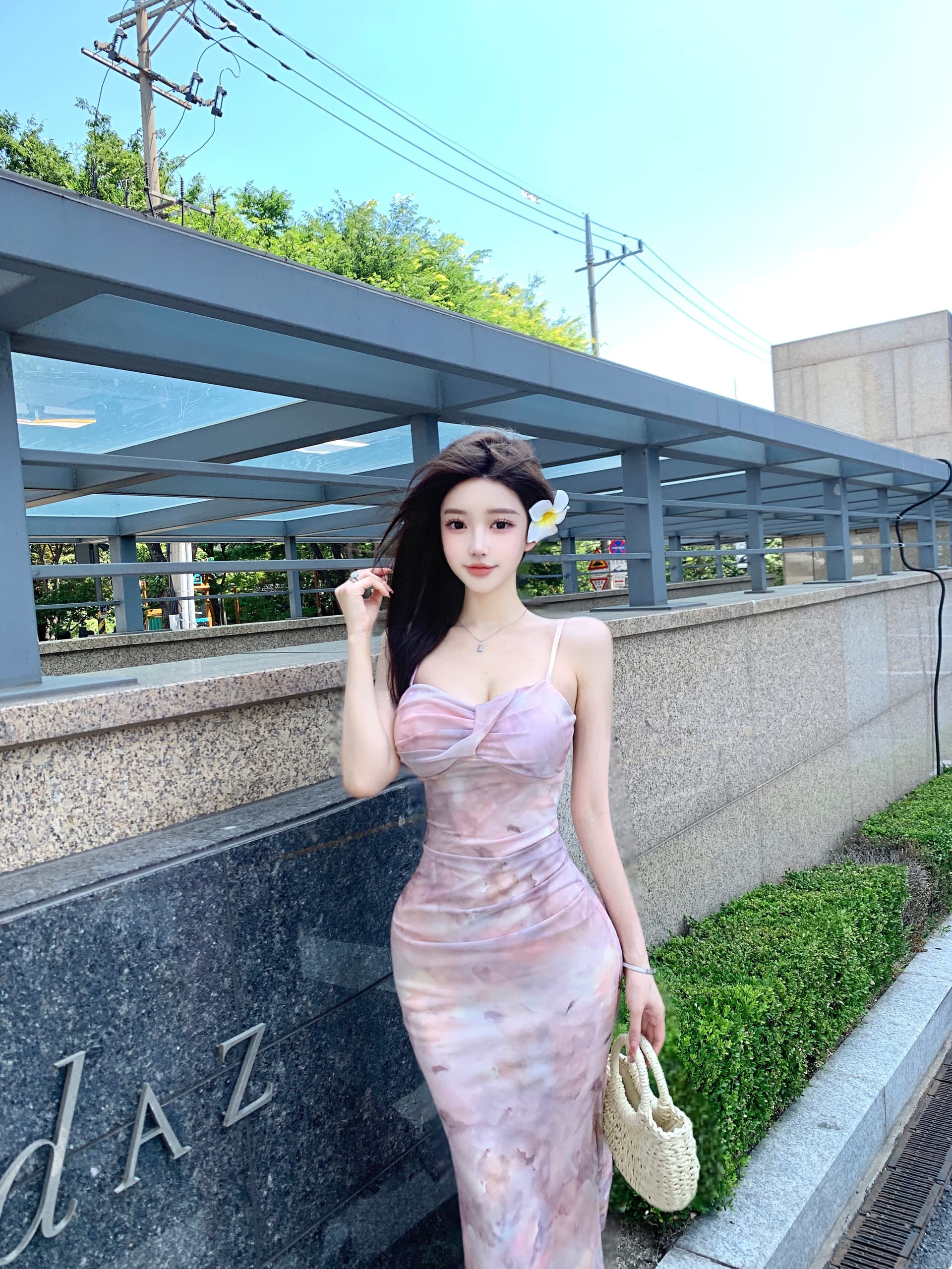 실사 강남 아름다움 아름다운 고급 센스 부드러운 순수한 욕망 섹시함 망사 그라데이션 분말 보라색 꽃무늬 슬립 드레스 상세 이미지 11