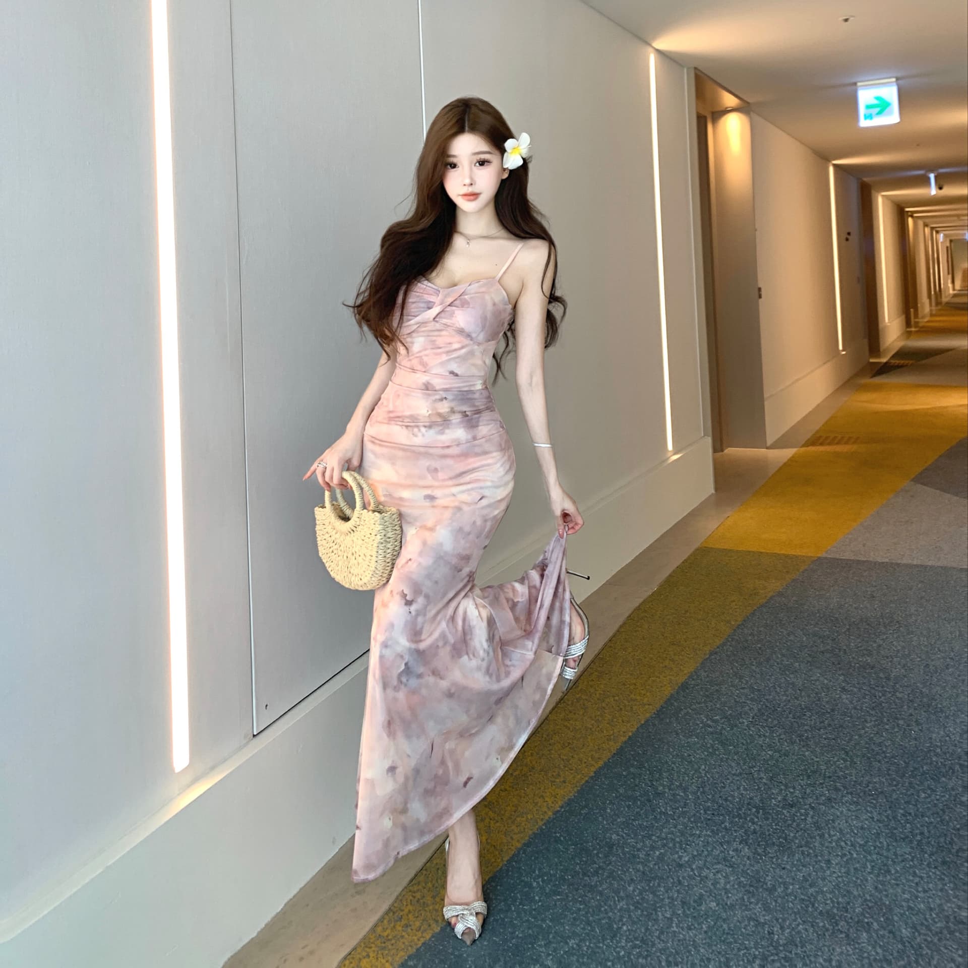 실사 강남 아름다움 아름다운 고급 센스 부드러운 순수한 욕망 섹시함 망사 그라데이션 분말 보라색 꽃무늬 슬립 드레스 상세 이미지 18