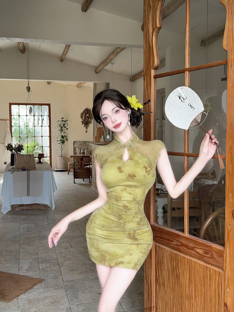 실사 새로운 중식 핑크색 치파오 감기 비싼 가스 센스 꽃무늬 민소매 드레스 소녀 섹시함 허리 수축 타이트 스커트 이미지 3
