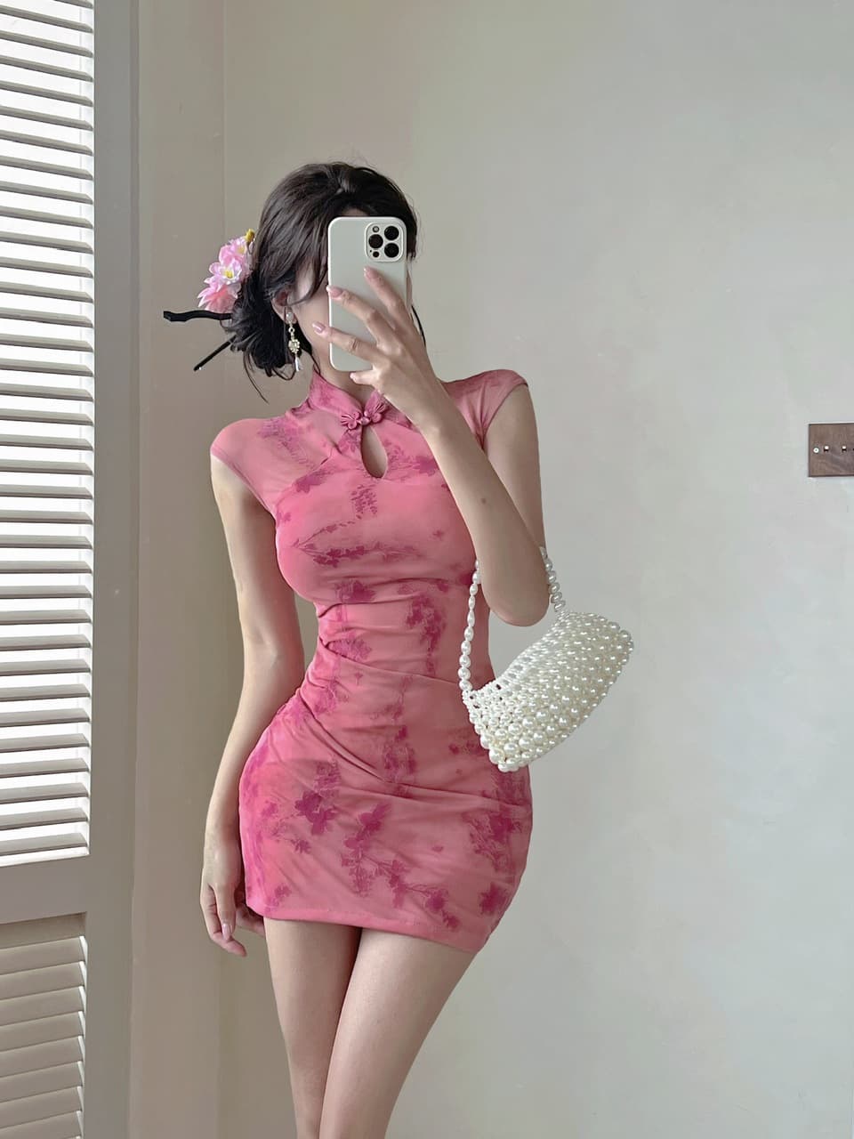 실사 새로운 중식 핑크색 치파오 감기 비싼 가스 센스 꽃무늬 민소매 드레스 소녀 섹시함 허리 수축 타이트 스커트 상세 이미지 6
