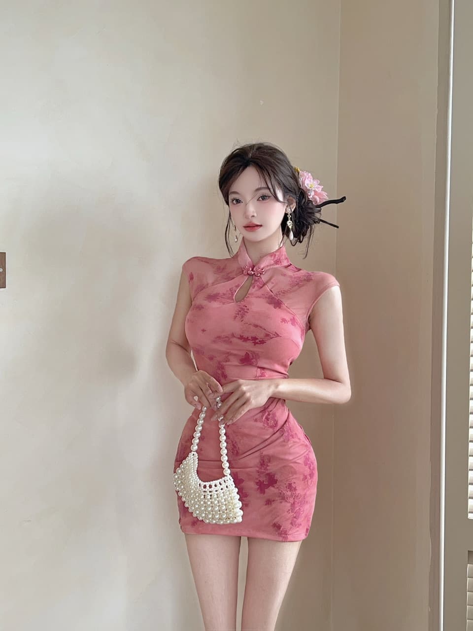 실사 새로운 중식 핑크색 치파오 감기 비싼 가스 센스 꽃무늬 민소매 드레스 소녀 섹시함 허리 수축 타이트 스커트 상세 이미지 7