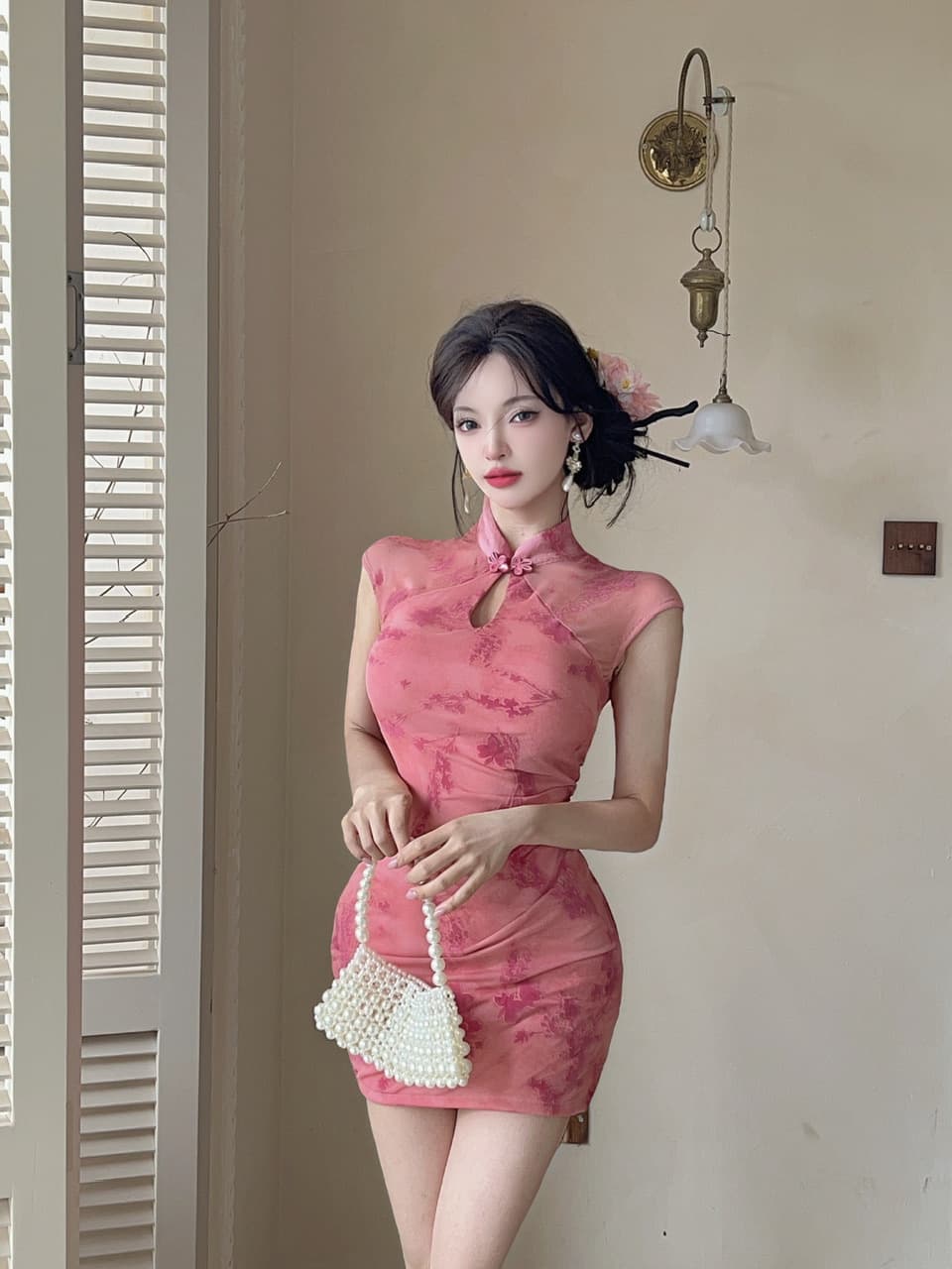 실사 새로운 중식 핑크색 치파오 감기 비싼 가스 센스 꽃무늬 민소매 드레스 소녀 섹시함 허리 수축 타이트 스커트 상세 이미지 9