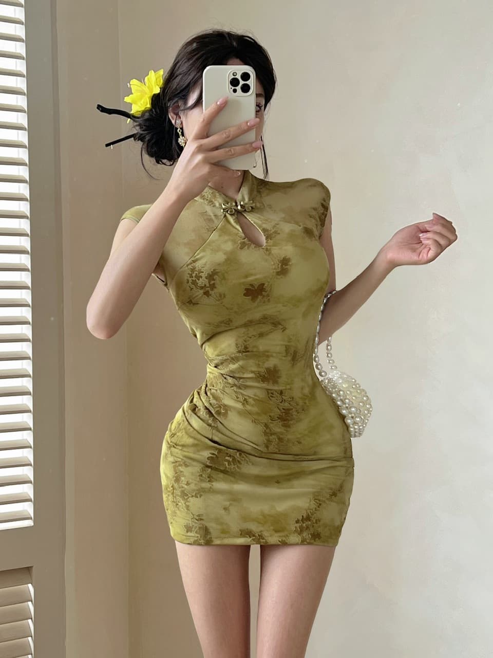 실사 새로운 중식 핑크색 치파오 감기 비싼 가스 센스 꽃무늬 민소매 드레스 소녀 섹시함 허리 수축 타이트 스커트 상세 이미지 10
