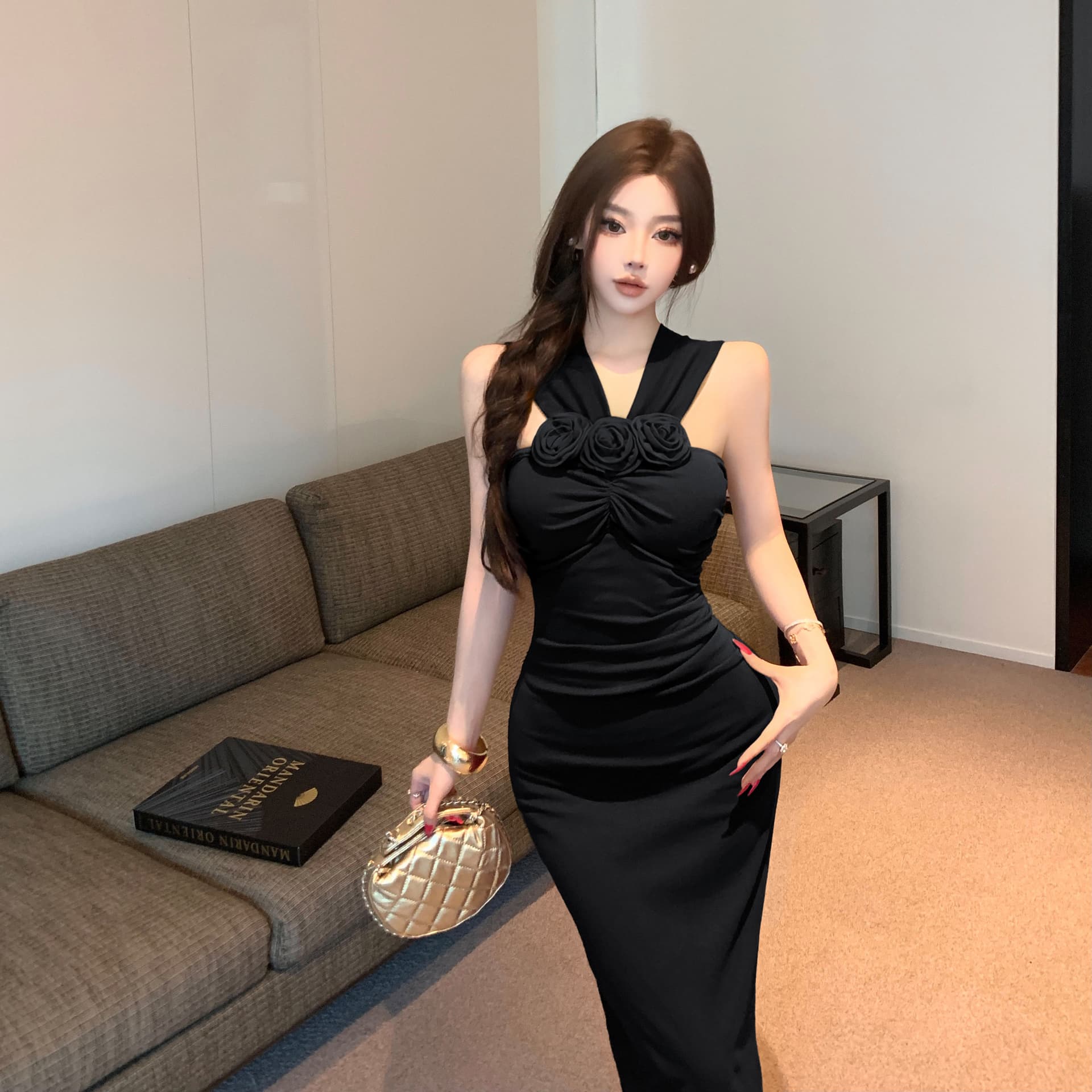 실사 명문 여성 프랑스식 품격 아름다운 근사한 섹시함 오프숄더 행침 목 꽃 고급 센스 슬림해 보이는 타이트 스커트 롱 스커트 이미지 4