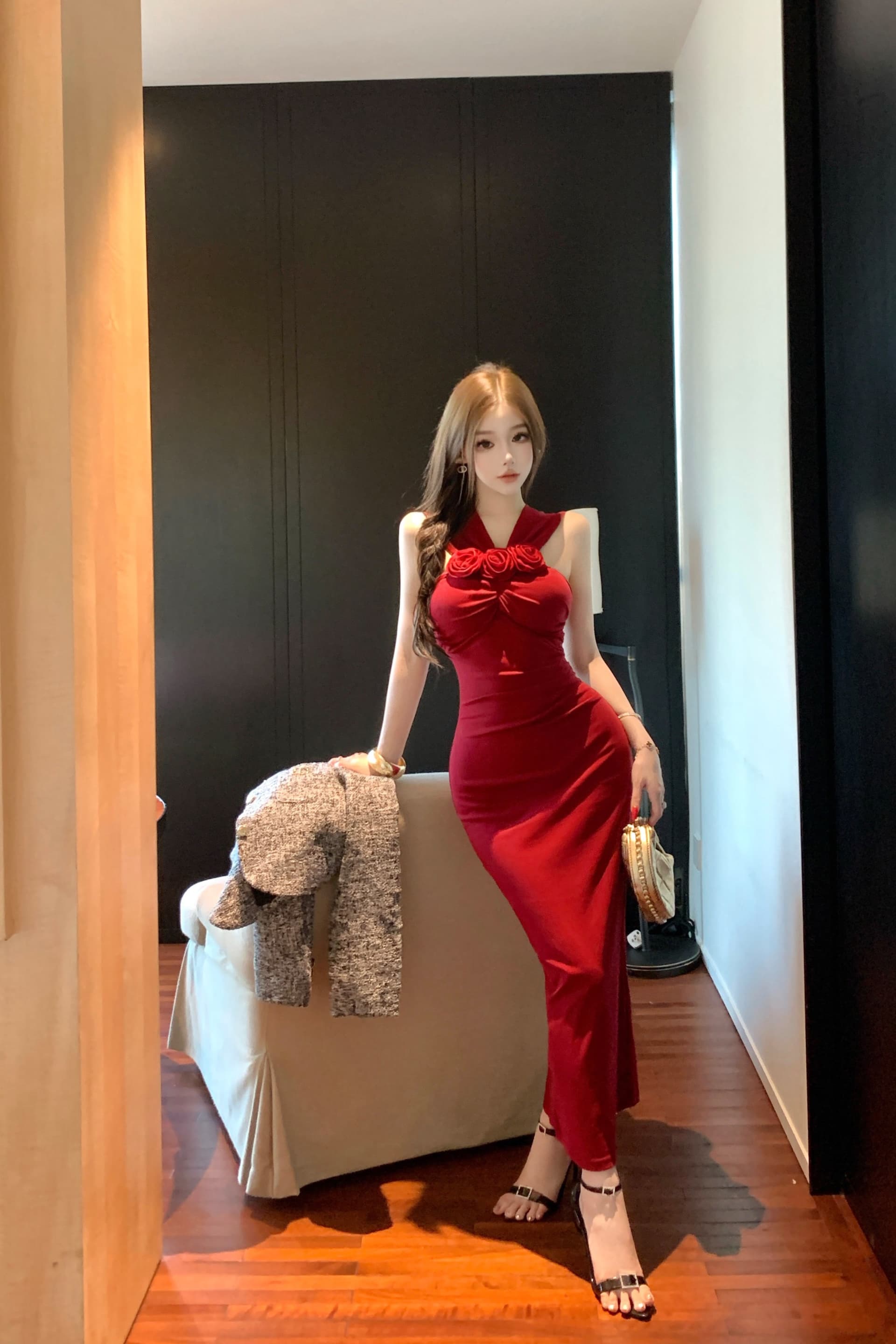 실사 명문 여성 프랑스식 품격 아름다운 근사한 섹시함 오프숄더 행침 목 꽃 고급 센스 슬림해 보이는 타이트 스커트 롱 스커트 이미지 7