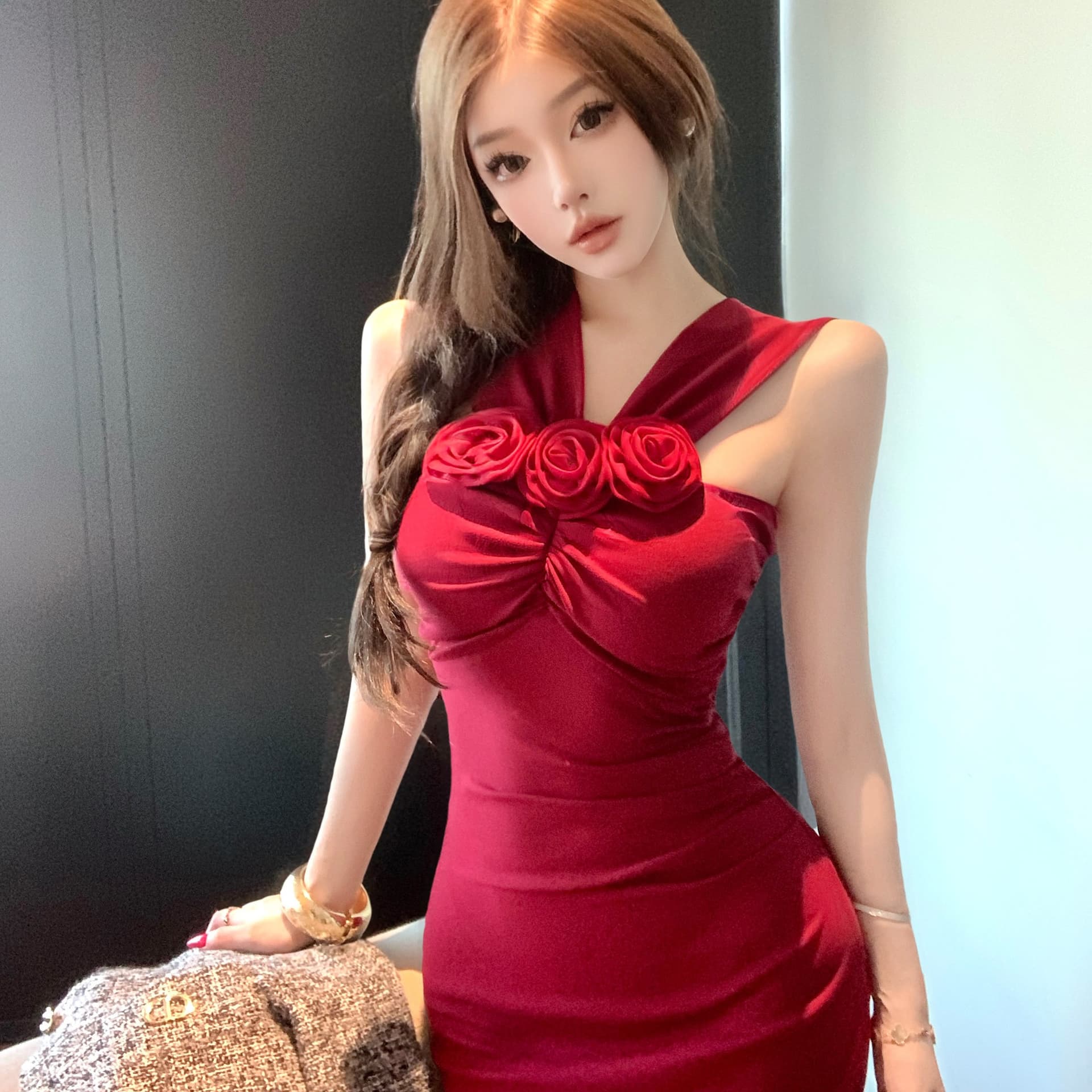 실사 명문 여성 프랑스식 품격 아름다운 근사한 섹시함 오프숄더 행침 목 꽃 고급 센스 슬림해 보이는 타이트 스커트 롱 스커트 이미지 2