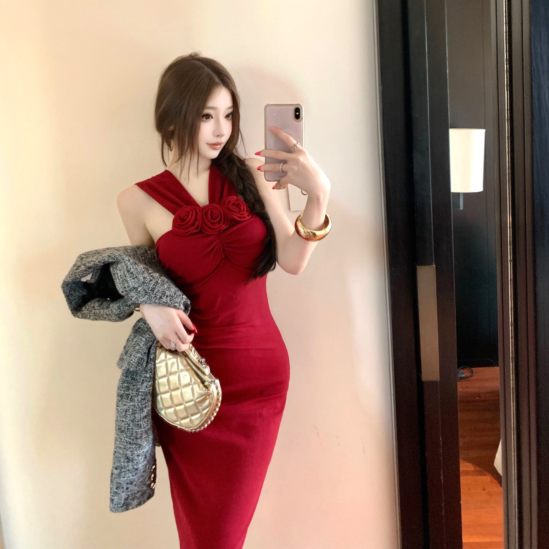 실사 명문 여성 프랑스식 품격 아름다운 근사한 섹시함 오프숄더 행침 목 꽃 고급 센스 슬림해 보이는 타이트 스커트 롱 스커트 상세 이미지 9
