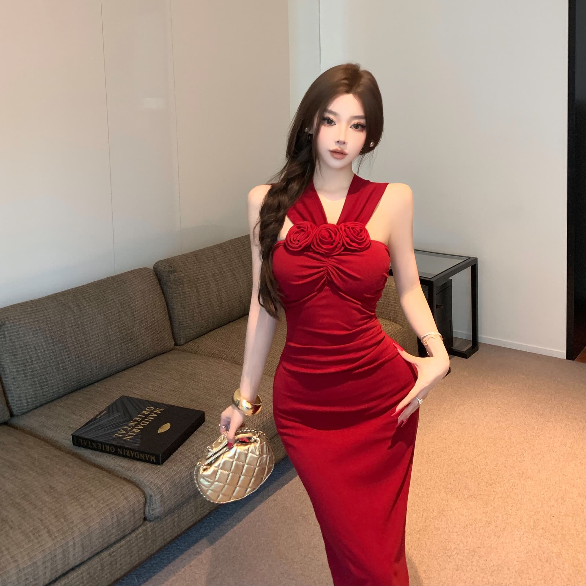 실사 명문 여성 프랑스식 품격 아름다운 근사한 섹시함 오프숄더 행침 목 꽃 고급 센스 슬림해 보이는 타이트 스커트 롱 스커트 상세 이미지 12