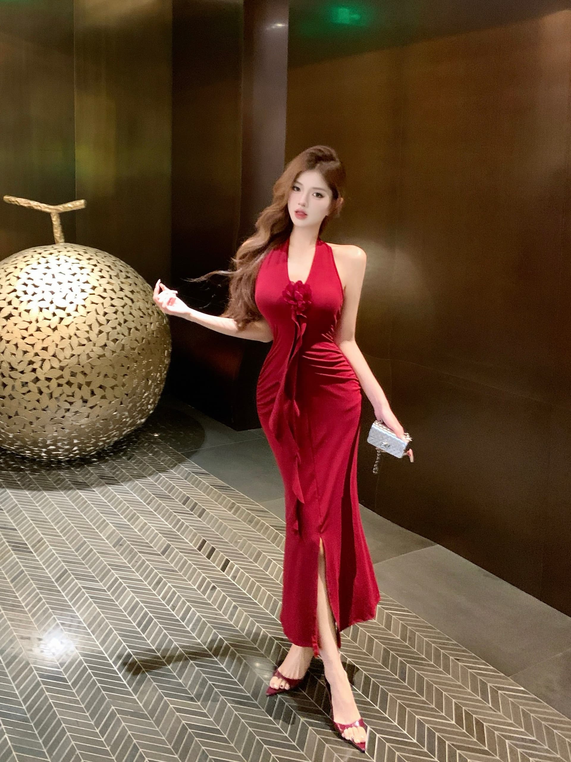 실사 부드러운 바람 우아함 품격 고급 센스 행침 목 V넥 예복 치마 새로운 트임 섹시함 타이트 스커트 외국 가스 치마 상세 이미지 2