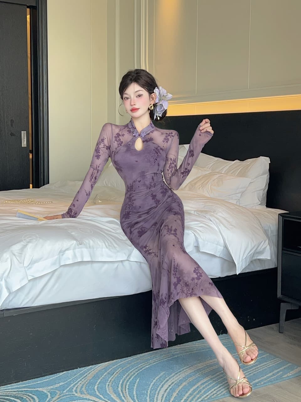 실사 새로운 중식 레트로 향상된 버전 소녀 치파오 여성 여름 헤일로 염색 꽃무늬 홀로우 아웃 몸매 가꾸기 인어 꼬리 점프 슈트 롱 스커트 상세 이미지 3