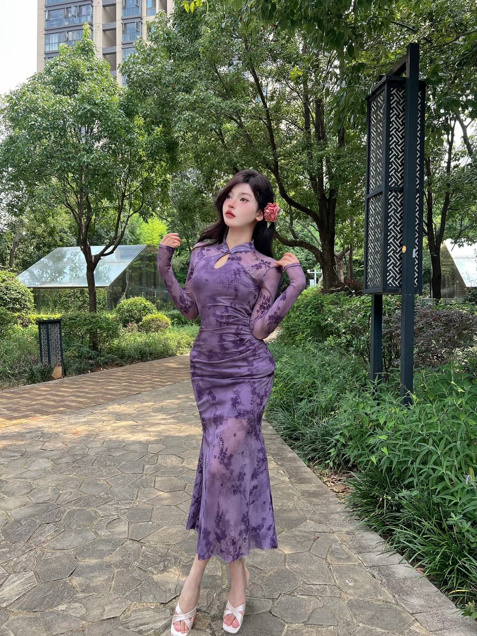 실사 새로운 중식 레트로 향상된 버전 소녀 치파오 여성 여름 헤일로 염색 꽃무늬 홀로우 아웃 몸매 가꾸기 인어 꼬리 점프 슈트 롱 스커트 상세 이미지 8