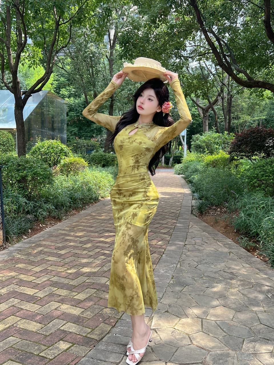 실사 새로운 중식 레트로 향상된 버전 소녀 치파오 여성 여름 헤일로 염색 꽃무늬 홀로우 아웃 몸매 가꾸기 인어 꼬리 점프 슈트 롱 스커트 상세 이미지 16