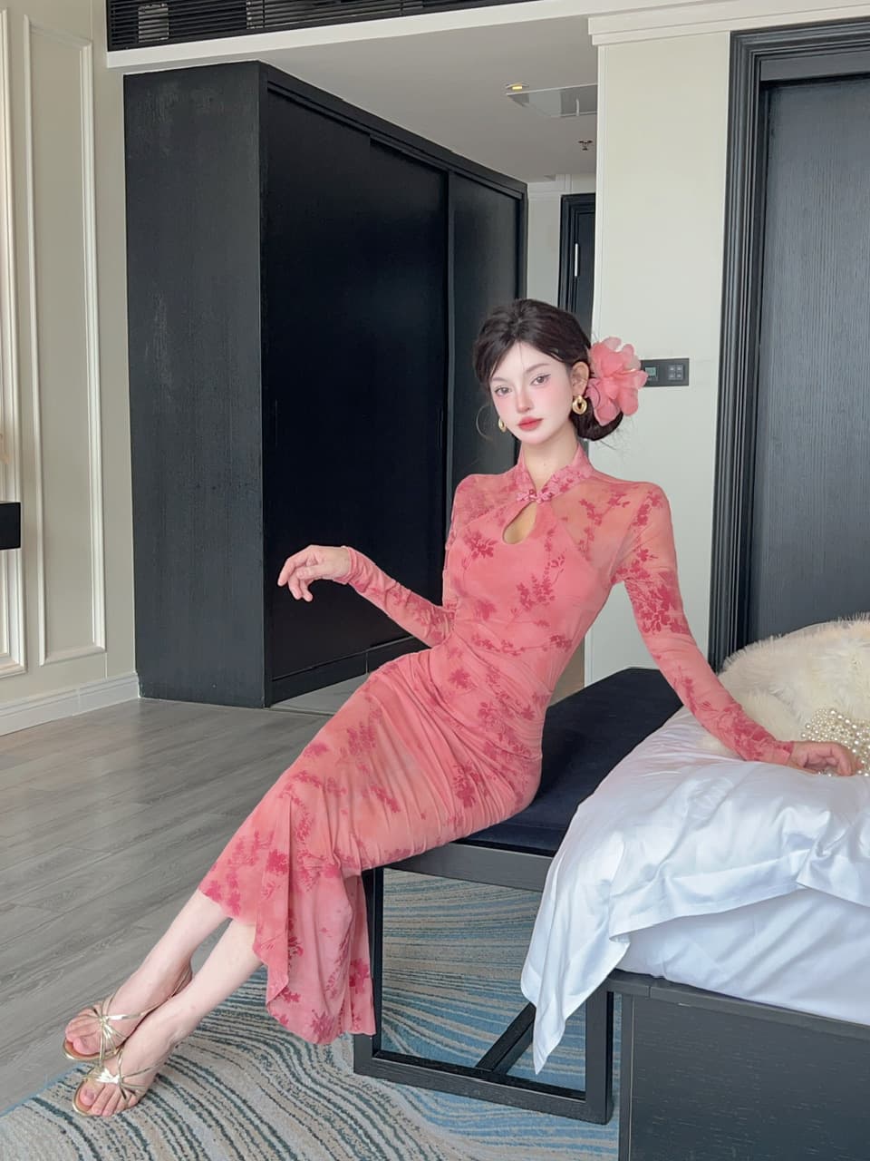 실사 새로운 중식 레트로 향상된 버전 소녀 치파오 여성 여름 헤일로 염색 꽃무늬 홀로우 아웃 몸매 가꾸기 인어 꼬리 점프 슈트 롱 스커트 상세 이미지 19