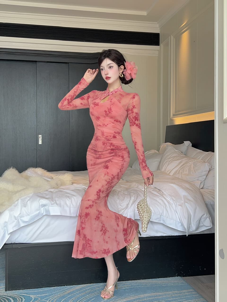 실사 새로운 중식 레트로 향상된 버전 소녀 치파오 여성 여름 헤일로 염색 꽃무늬 홀로우 아웃 몸매 가꾸기 인어 꼬리 점프 슈트 롱 스커트 상세 이미지 23