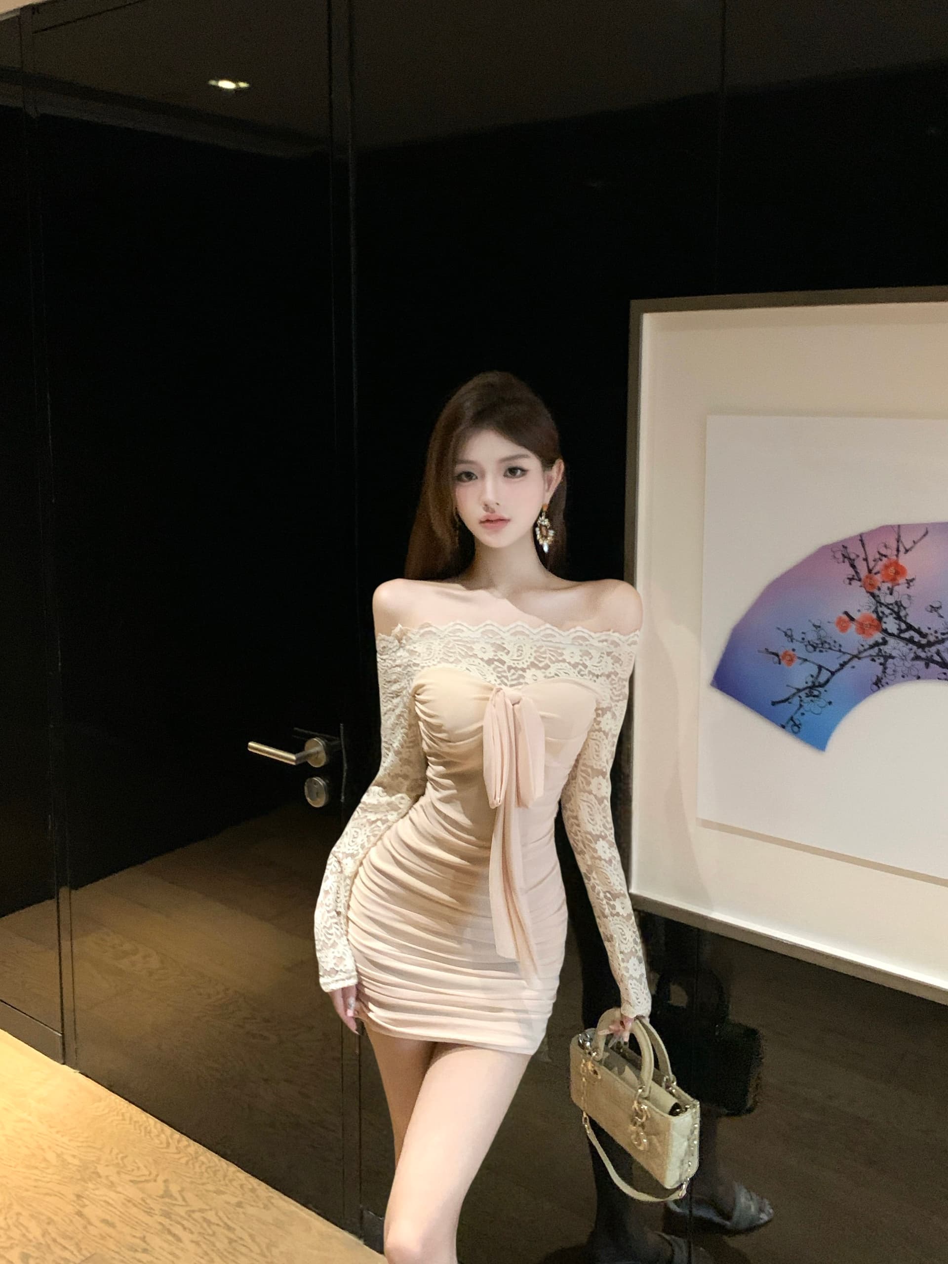 실사 오프숄더 스트랩 긴팔 작은 키 드레스 레이스 조각 허리 수축 치마 순수한 욕망 몸매 가꾸기 타이트 스커트 미니 스커트 상세 이미지 2