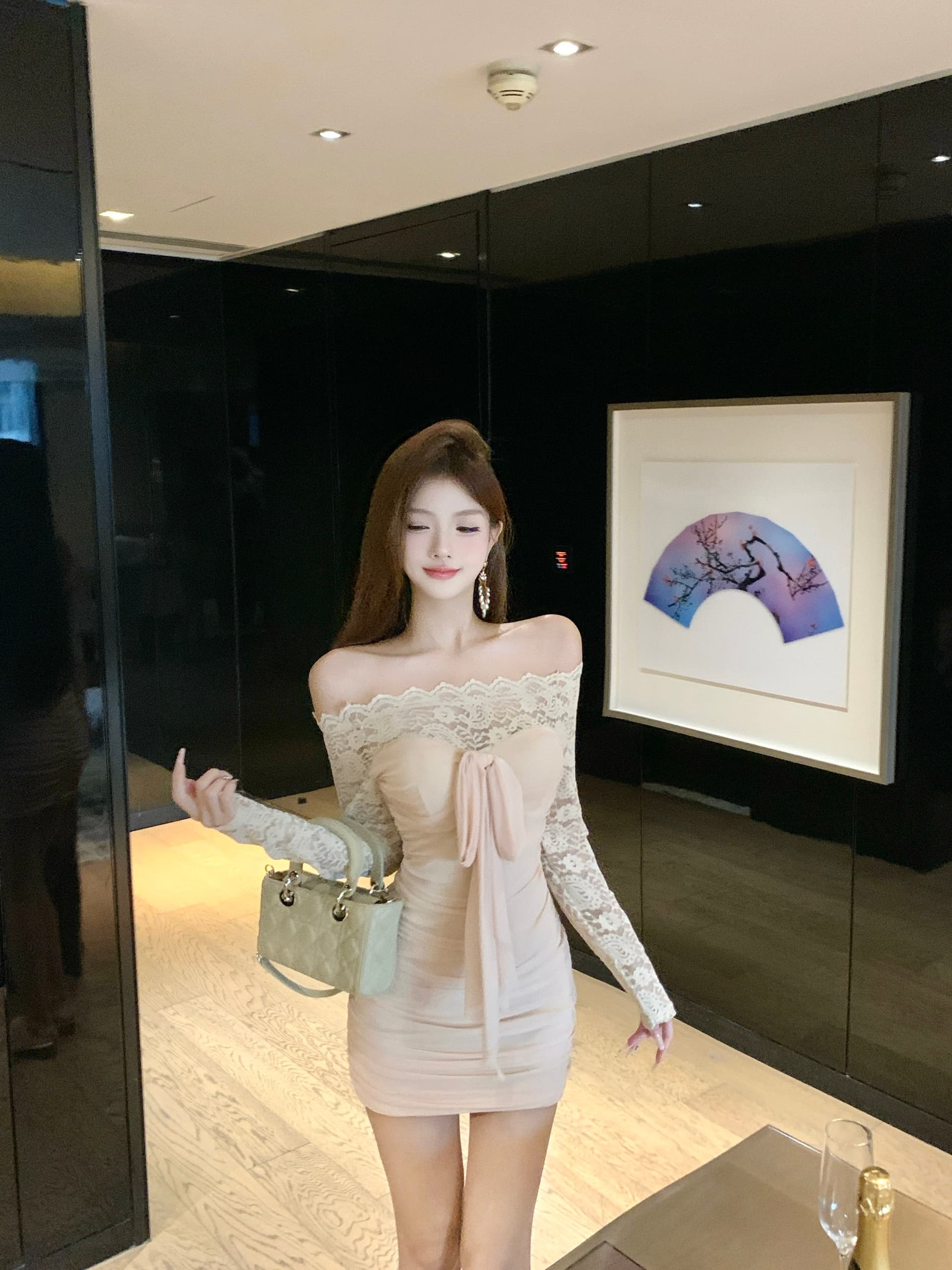 실사 오프숄더 스트랩 긴팔 작은 키 드레스 레이스 조각 허리 수축 치마 순수한 욕망 몸매 가꾸기 타이트 스커트 미니 스커트 상세 이미지 3
