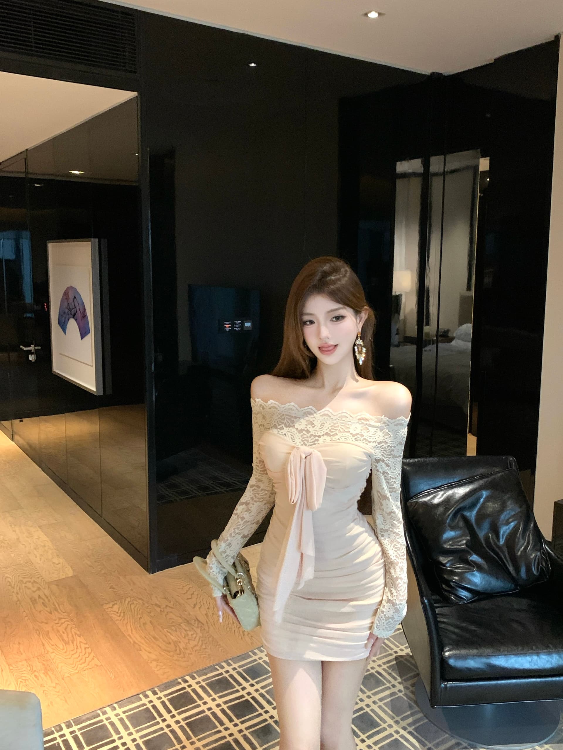 실사 오프숄더 스트랩 긴팔 작은 키 드레스 레이스 조각 허리 수축 치마 순수한 욕망 몸매 가꾸기 타이트 스커트 미니 스커트 상세 이미지 8