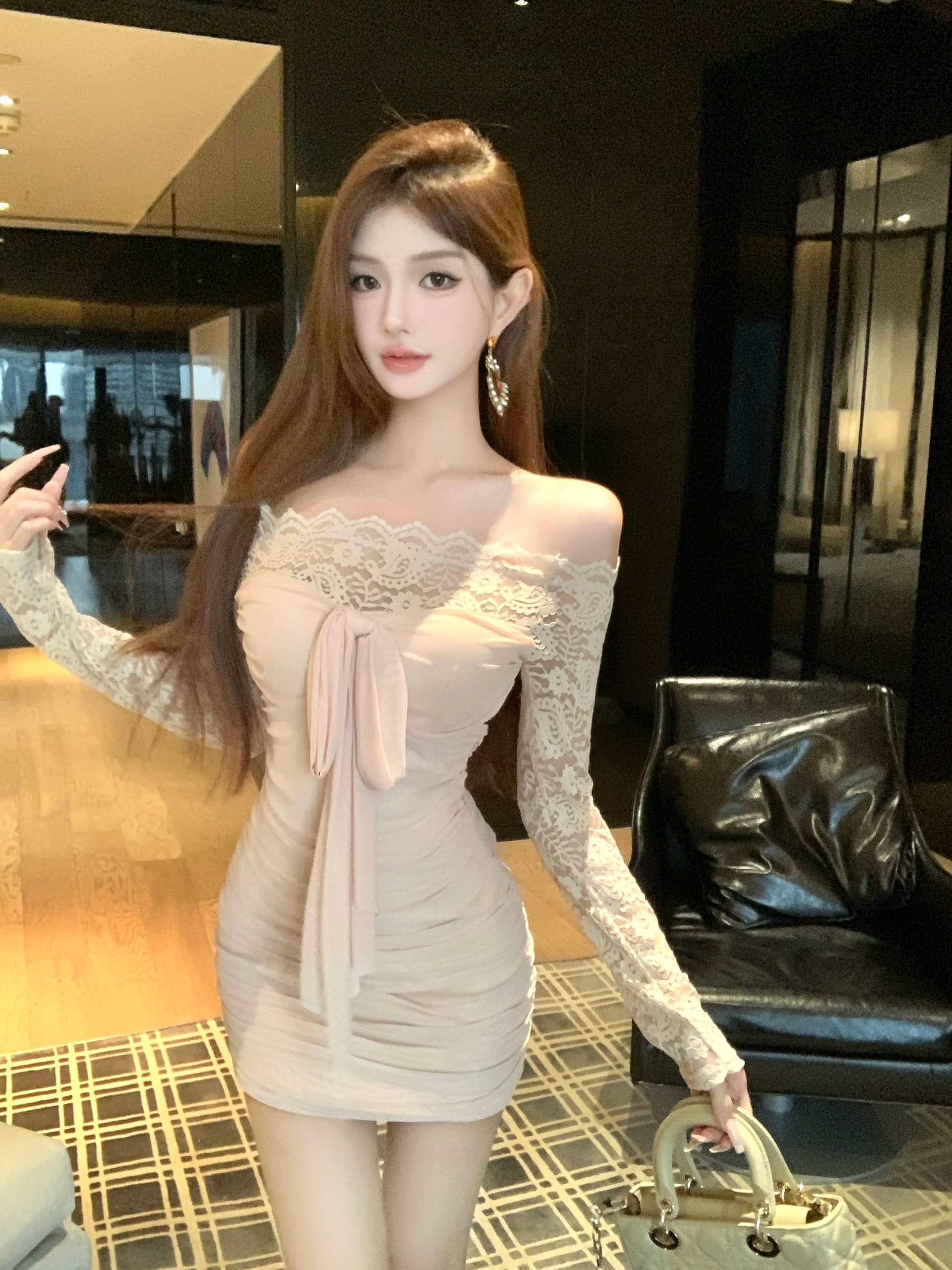 실사 오프숄더 스트랩 긴팔 작은 키 드레스 레이스 조각 허리 수축 치마 순수한 욕망 몸매 가꾸기 타이트 스커트 미니 스커트 상세 이미지 20