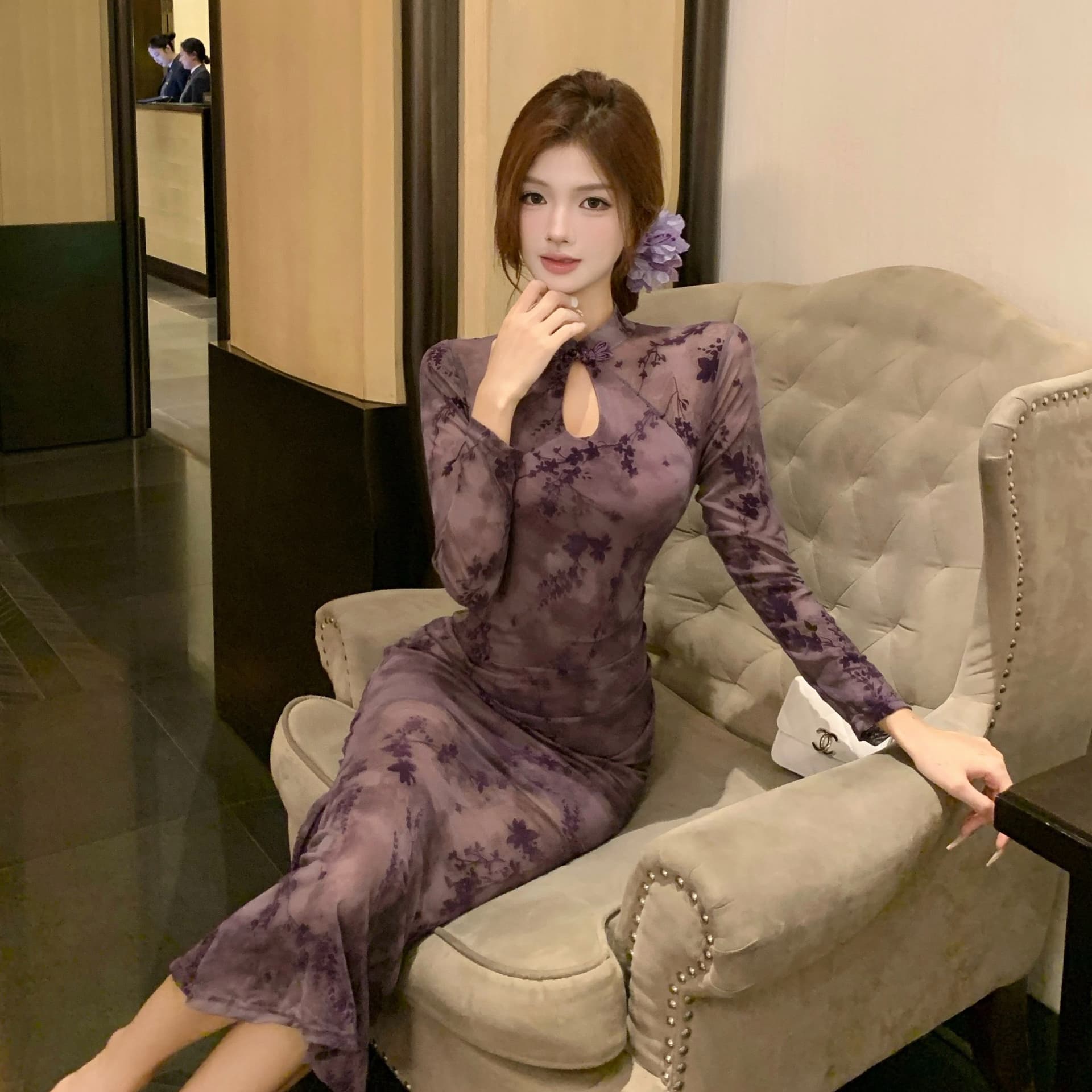 실사 새로운 중식 레트로 우아함 여성 의류 드레스 몸매 가꾸기 슬림해 보이는 식물 플러시 망사 타이트 스커트 향상된 버전 치파오 드레스
