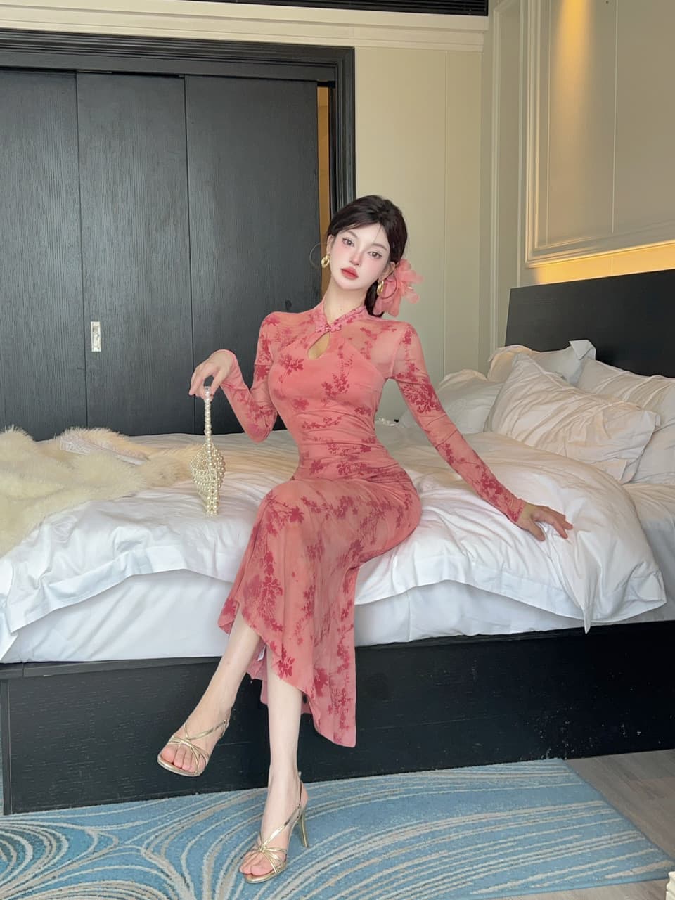 실사 새로운 중식 레트로 우아함 여성 의류 드레스 몸매 가꾸기 슬림해 보이는 식물 플러시 망사 타이트 스커트 향상된 버전 치파오 드레스 상세 이미지 37