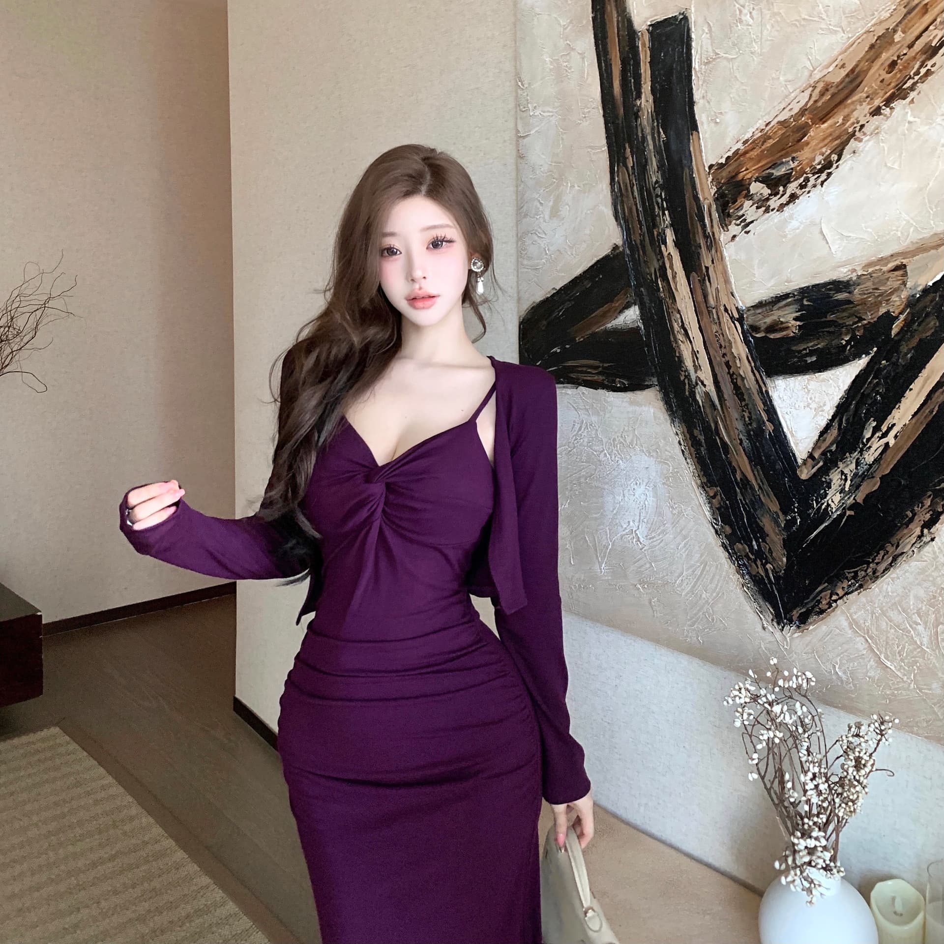 실사 섹시함 핫걸 바람 주름 장식 허리 수축 슬립 여성 드레스 여름 몸매 가꾸기 슬림해 보이는 긴팔 오픈 가디건 투피스 세트 상세 이미지 5