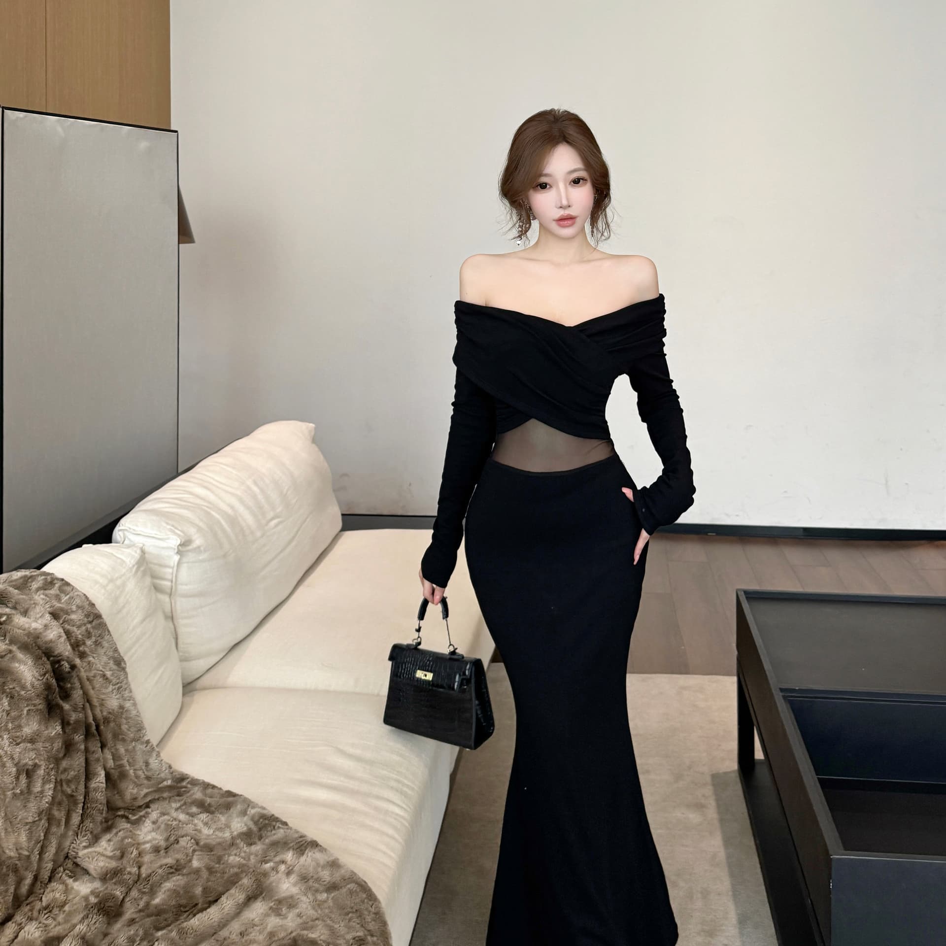 실사 프랑스식 품격 오프숄더 망사 패치워크 드레스 여성 긴 소매 섹시함 타이트 디스플레이 몸 타이트 스커트 롱 스커트 상세 이미지 7