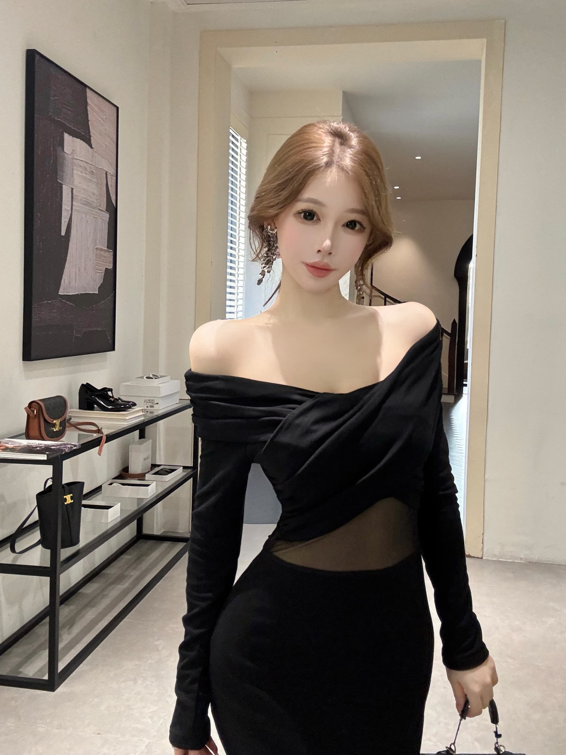 실사 프랑스식 품격 오프숄더 망사 패치워크 드레스 여성 긴 소매 섹시함 타이트 디스플레이 몸 타이트 스커트 롱 스커트 상세 이미지 8