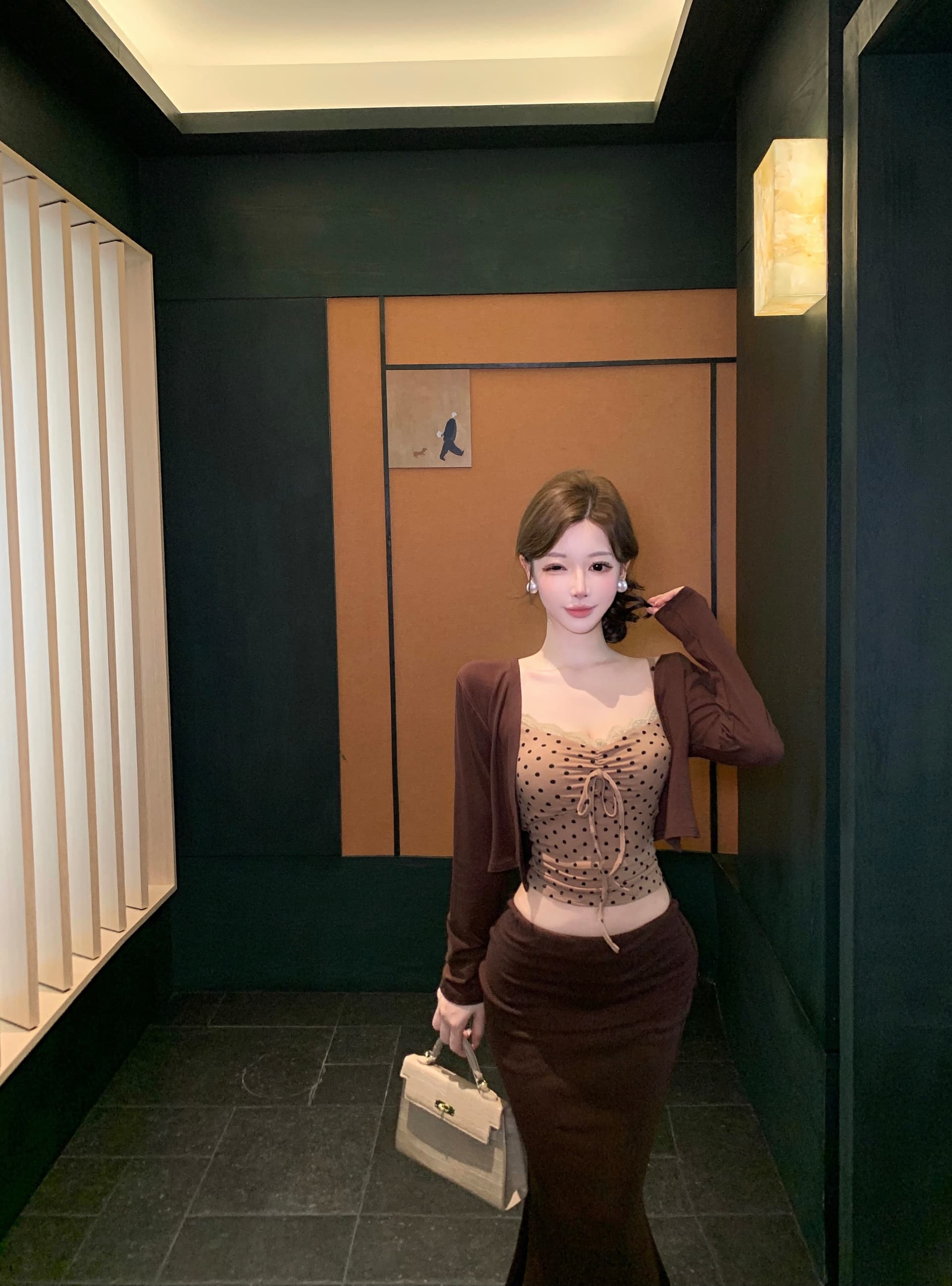 실사 2026 레이스 조각 도트 무늬 순수한 욕망 슬립 긴팔 오픈 가디건 여성복 인어 꼬리 스커트 반 스커트 3종 세트 상세 이미지 3