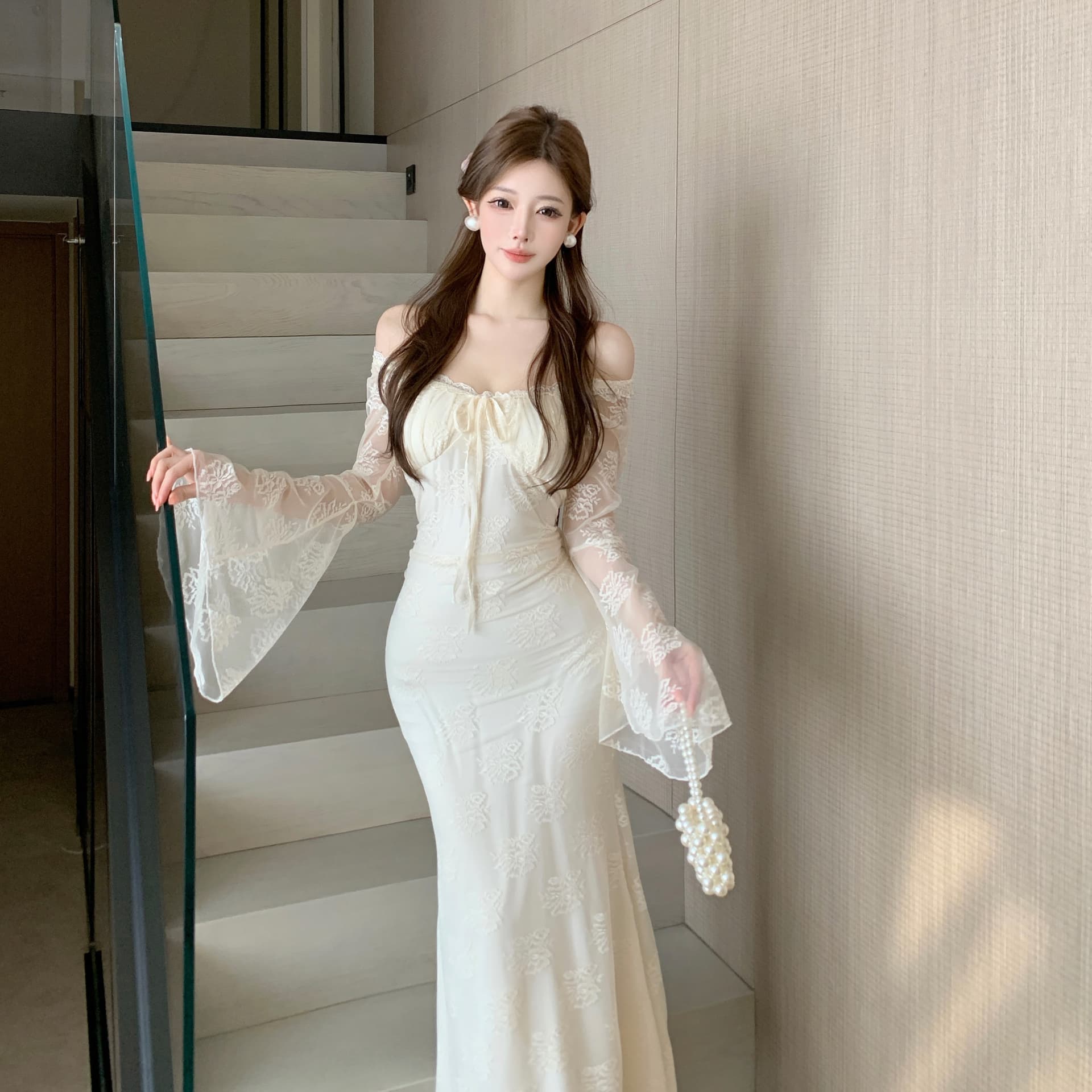 실사 프랑스식 로얄 자매 바람 레이스 나팔 소매 디스플레이 화이트 여성 드레스 고급 센스 품격 슈퍼 요정 예복 롱 스커트 상세 이미지 18