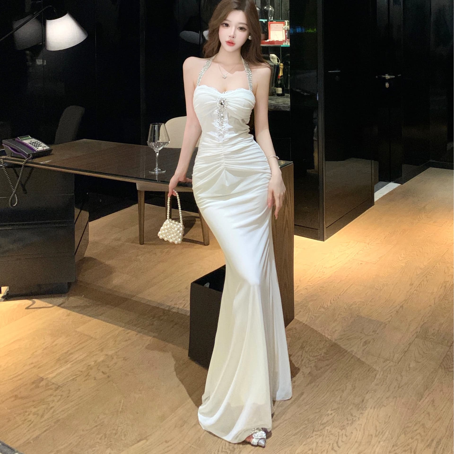 실사 명문 여성 고급 빛 럭셔리 프랑스식 작은 대중 아름다운 예복 레이스 레이스 패치워크 못 훈련 섹시함 행침 목 롱 스커트 이미지 2